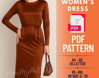 Tie Waist Midi Dress Sewing Pattern PDF: Minimalist Workwear (Sizes XS–6XL)