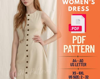 Button Front Mini Dress Sewing Pattern PDF: Sleeveless A-Line Design (XS-6XL)
