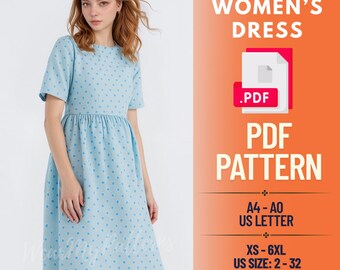 Empire Waist Midi Dress Sewing Pattern: A-Line Short Sleeve (PDF Pattern, XS-6XL US 2-32)