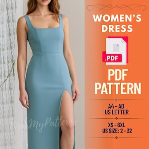 Peut inclure: Une robe bleu clair avec un col carré et une fente haute. L'image comprend le texte "WOMEN'S DRESS", ".PDF" et "PDF PATTERN". Le patron est disponible en tailles XS-6XL, taille US 2-32, et A4-A0 US Letter.