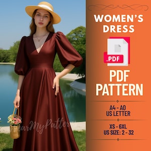 May include: A burgundy dress with a V-neck and puffed sleeves. The dress is a PDF pattern, with sizes XS-6XL and US sizes 2-32. The image also includes the text "WOMEN'S DRESS" and "PDF PATTERN".