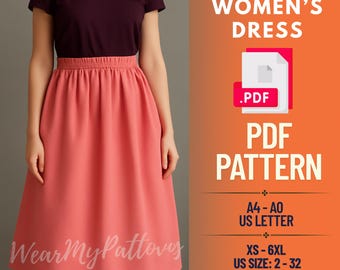 Patron de couture jupe midi taille haute | Style froncé (PDF)
