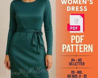 Belted Knit Dress Sewing Pattern | Long Sleeve, XS-6XL (PDF Pattern)