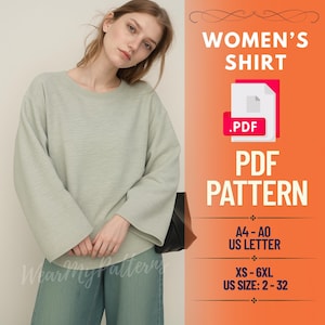 Op de afbeelding: Een lichtgroen shirt met lange mouwen en wijde mouwen. De afbeelding bevat de tekst "WOMEN'S SHIRT .PDF PDF PATTERN" en maat informatie: XS-6XL, US SIZE: 2-32. Het shirt maakt deel uit van een PDF-patroon.