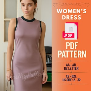 Tank Dress Sewing Pattern PDF | Sleeveless Bodycon Style with Contrast Trim | Instant Download | Sizes XS–6XL (US 2–32)