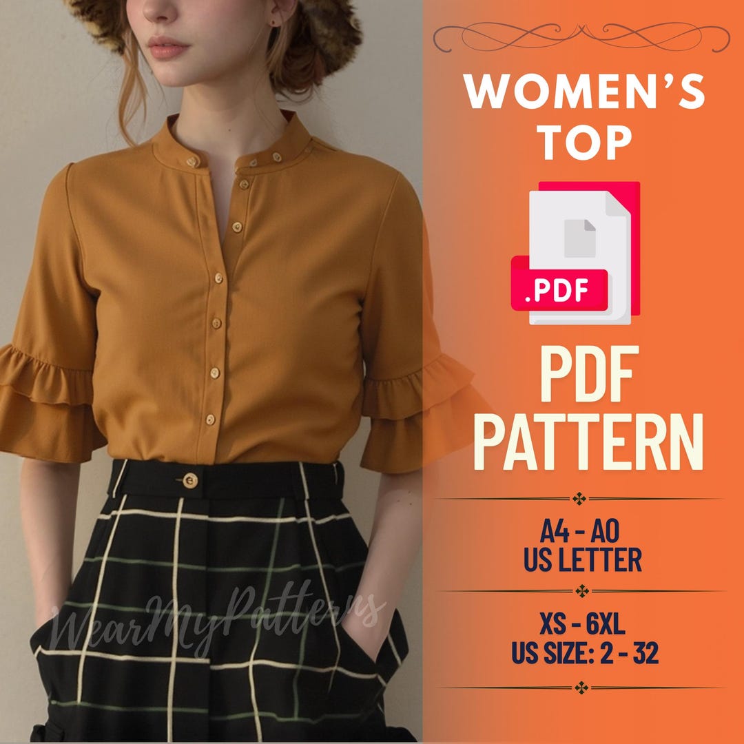 Ruffle Sleeve Blouse Sewing Pattern PDF: Flared Button-up Top (sizes XS ...