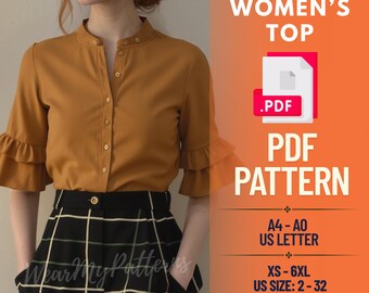 Ruffle Sleeve Blouse Sewing Pattern PDF: Flared Button-Up Top (Sizes XS-6XL) (Digital Download