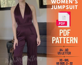 Halter Jumpsuit Sewing Pattern PDF: Deep V-Neck, Wide Leg Romper (XS-6XL, Instant Download)