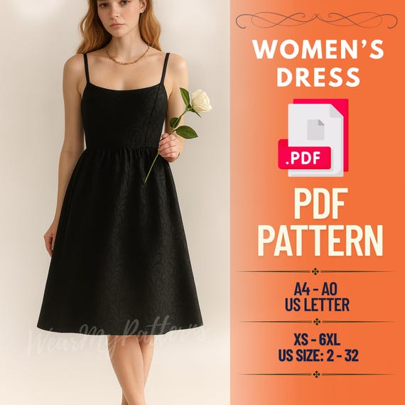 Spaghetti Strap Dress Sewing Pattern PDF: Fitted Bodice A-Line Skirt  (XS-6XL)