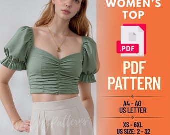 Milkmaid Crop Top Sewing Pattern | Puff Sleeve, XS-6XL (PDF Pattern)