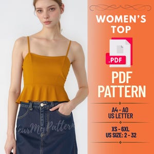 Peplum Crop Top Sewing Pattern PDF | Ruffle Strap Summer Top for Women | XS–6XL, Instant Download