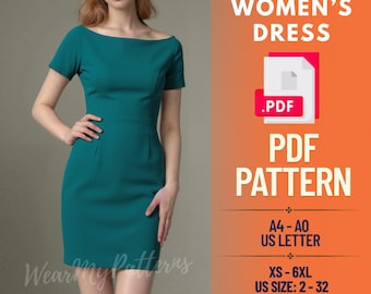 May include: A teal sheath dress with short sleeves and a boat neckline. The image includes text that reads "WOMEN'S DRESS .PDF PDF PATTERN" and sizing information for US Letter and sizes XS-6XL, US size 2-32.