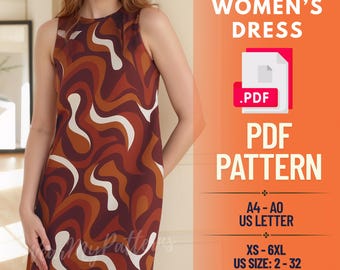 Sleeveless Shift Dress Sewing Pattern PDF: Retro A-Line Mini Dress (XS-6XL, Bonus Patterns Included
