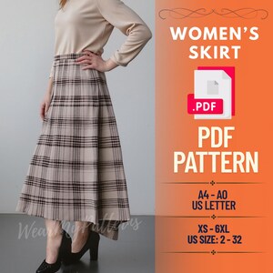 Peut inclure: Jupe à carreaux beige et marron avec un design évasé. L'image comprend le texte "WOMEN'S SKIRT" et "PDF PATTERN". Le patron est disponible en tailles XS-6XL, taille US 2-32, et A4-AO US LETTER.