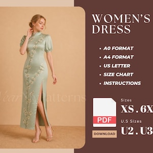 Könnte beinhalten: Ein salbeigrünes Kleid mit kurzen Puffärmeln, Stehkragen und Seitenschlitz, verziert mit einem weißen Blumenrankenmuster. Der Text lautet: WOMEN'S DRESS, A0 FORMAT, A4 FORMAT, US LETTER, SIZE CHART, INSTRUCTIONS, SIZES XS-6XL, U.S SIZES U2-U32.