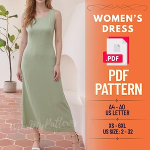 Sleeveless Maxi Dress Sewing Pattern PDF | Fitted Bodice, Flared Skirt, Boat Neck | Summer, Linen, Minimalist, Cottagecore | Sizes XS–6XL
