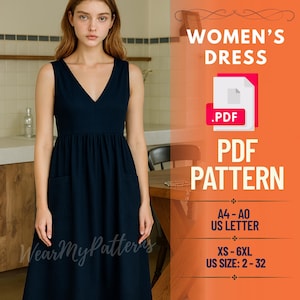 V-Neck Midi Dress Sewing Pattern PDF | Sleeveless, Patch Pockets, Fitted Bodice | Cottagecore, Minimalist, Linen Dress | Sizes XS–6XL