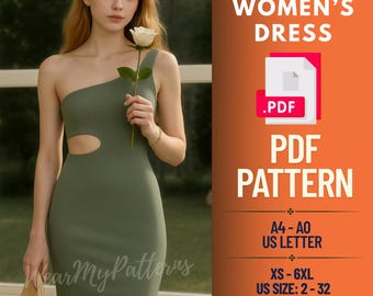 ワンショルダーボディコンドレスの縫製パターンPDF：Y2Kパーティークラブウェア（サイズXS～6XL）