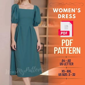Puff Sleeve Dress PDF Pattern | Square Neck Midi Dress Sewing | Cottagecore Summer Dress | A-Line Dress Pattern | Women’s Sundress PDF