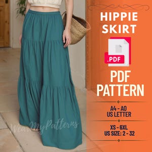 Puede incluir: Una falda larga escalonada de color verde azulado. La imagen incluye el texto "HIPPIE SKIRT .PDF PDF PATTERN" e información de tallas: XS-6XL, talla US 2-32. La falda está hecha de una tela fluida y tiene cintura alta.