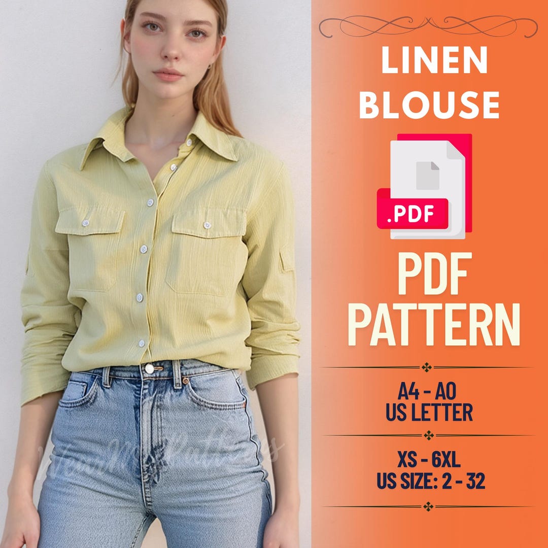 Linen Long Sleeve Shirt Sewing Pattern – Classic Blouse With Pockets ...