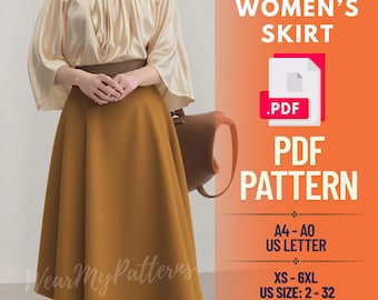 Women’s A-Line Skirt PDF Sewing Pattern – Easy Flared Skirt XS-6XL (Digital Download)