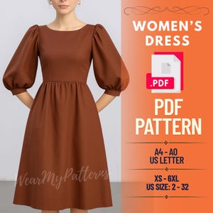 Peut inclure: Une robe marron avec des manches bouffantes aux coudes et une taille ajustée. La robe a une jupe au genou. L'image comprend le texte "WOMEN'S DRESS", "PDF PATTERN" et "Wear My Patterns". Le patron est disponible en tailles XS-6XL, taille US 2-32.