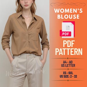 Button Down Blouse PDF Pattern | Women’s Long Sleeve Shirt Sewing | Classic Workwear Top PDF | Casual Office Blouse Sewing Pattern