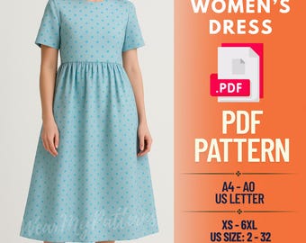 Midi Empire Waist Dress PDF Sewing Pattern: XS-6XL (US 2-32) (digital Download) - Etsy Midi Empire Waist Dress PDF Sewing Pattern: XS-6XL (US 2-32) (digital Download) - Etsy