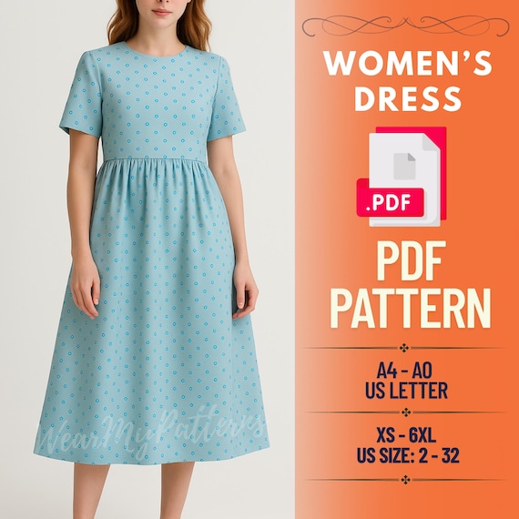 Midi Empire Waist Dress PDF Sewing Pattern: XS-6XL (US 2-32) (Digital  Download)