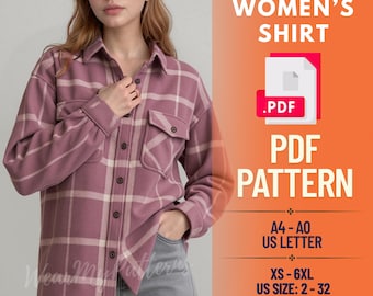 Pode incluir: Uma camisa xadrez malva com dois bolsos frontais e fechos de botão. A imagem inclui o texto "WOMEN'S SHIRT .PDF PDF PATTERN" e detalhes de tamanho: XS-6XL, US SIZE: 2-32.