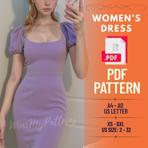 Puff Sleeve Dress Sewing Pattern PDF | Bodycon Cocktail Dress Pattern | Square Neck Fitted Dress PDF | Evening Party Dress Pattern