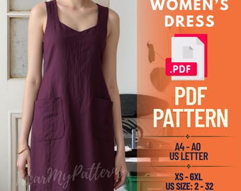 V-Neck A-Line Dress Sewing Pattern (PDF): Sleeveless Linen Style, Sizes XS-6XL