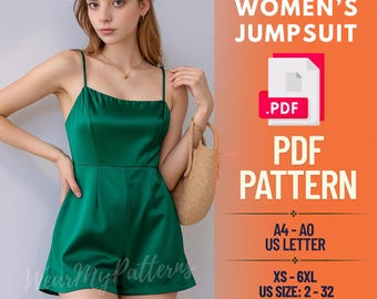 May include: A green satin jumpsuit with spaghetti straps. The image includes text that reads "WOMEN'S JUMPSUIT PDF PATTERN" and sizing information. The jumpsuit is a short romper style. The brand name "Wear My Patterns" is also visible.