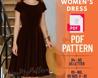 Könnte beinhalten: Burgunderfarbenes Kleid mit kurzen Ärmeln und ausgestelltem Rock. Das Bild enthält den Text "WOMEN'S DRESS .PDF PDF PATTERN" und Größenangaben. Ein Strohhut wird in der Hand des Models gehalten.