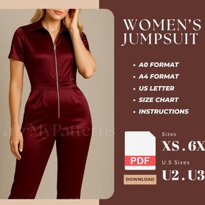 May include: A burgundy jumpsuit with a collar and a front zipper closure. The text reads: WOMEN'S JUMPSUIT, A0 FORMAT, A4 FORMAT, US LETTER, SIZE CHART, INSTRUCTIONS, SIZES XS-6XL, U.S SIZES U2-U32, PDF, DOWNLOAD, and WearMyPatterns.