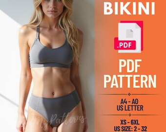 PDF-sömnadsmönster för tvådelad bikini för kvinnor - sportig baddräkt med hög midja - XS-6XL direkt nedladdning