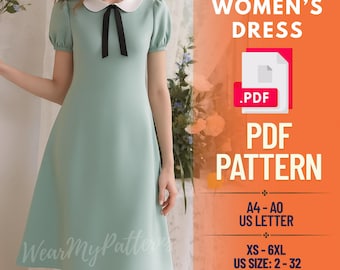 Peter Pan Kragen Kleid Schnittmuster | Puffärmel A-Linie (PDF)