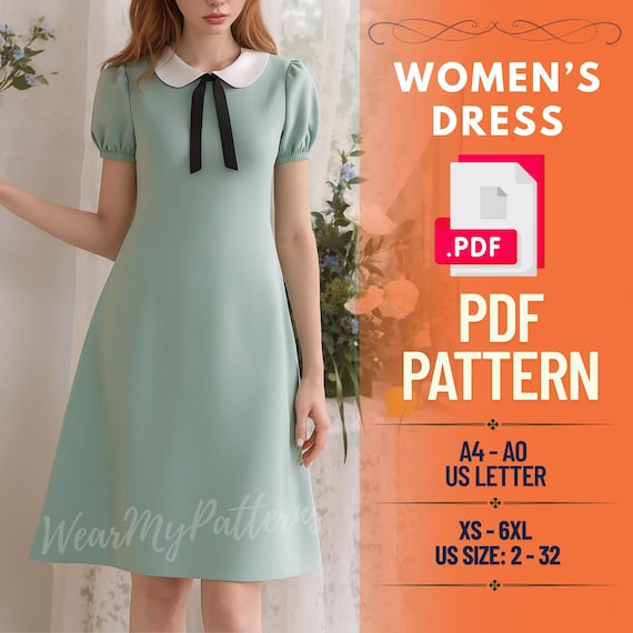 Peter Pan Collar Dress Sewing Pattern | Puff Sleeve A-Line (PDF)