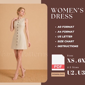 May include: A beige sleeveless dress with a front button placket. The image includes text: WOMEN'S DRESS, A0 FORMAT, A4 FORMAT, US LETTER, SIZE CHART, INSTRUCTIONS, PDF, DOWNLOAD, SIZES XS-6XL, U.S SIZES U2-U32, and the brand name WearMyPatterns.