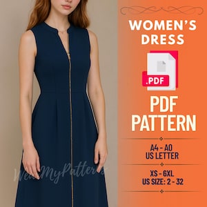 May include: A sleeveless navy blue dress with a gold zipper down the front. The image includes text that says "WOMEN'S DRESS", ".PDF PDF PATTERN", and size information. The dress is available in sizes XS-6XL, US size 2-32.