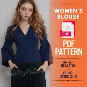 Può includere: Una camicetta blu navy con scollo a V e maniche svasate. L'immagine include il testo "WOMEN'S BLOUSE", ".PDF" e "PDF PATTERN". Il modello è disponibile nelle taglie XS-6XL, taglia US 2-32.