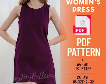 Shift Dress Sewing Pattern PDF: Sleeveless Mini Dress, XS-6XL (Digital Download)