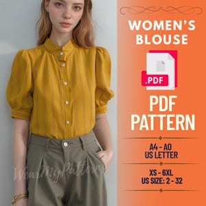 Può includere: Camicetta giallo senape con righe verticali e chiusura con bottoni. L'immagine include il testo "WOMEN'S BLOUSE" e "PDF PATTERN". Il modello è disponibile nelle taglie XS-6XL, taglie US 2-32, e A4-AO US LETTER.