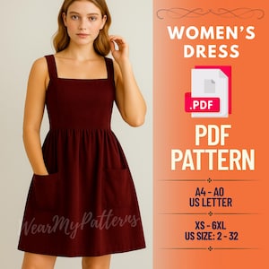 以下が含まれることがあります： スクエアネックとポケットが付いたバーガンディ色のドレス。このドレスはPDFパターンで、「WOMEN'S DRESS」と「PDF PATTERN」の文字があります。パターンにはXS-6XLサイズ、USサイズ2-32が含まれており、A4-AO US LETTERで利用できます。