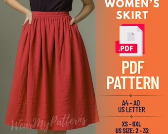 Cottagecore Midi Skirt Sewing Pattern PDF: Gathered Skirt with Pockets (Sizes XS-6XL, Instant Download)