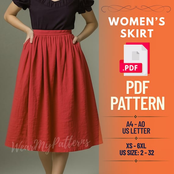 Cottagecore Midi Skirt Sewing Pattern PDF: Gathered Skirt with Pockets  (Sizes XS-6XL, Instant Download)