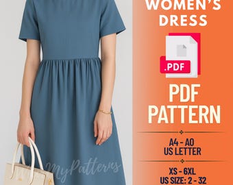 Gathered Waist Midi Dress Sewing Pattern: A-Line, Short Sleeve (PDF Pattern XS-6XL)
