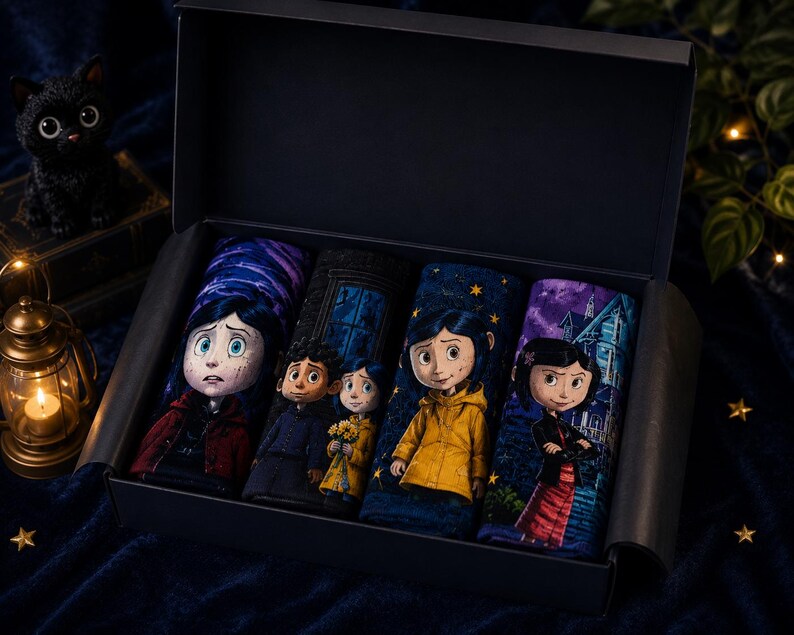 May include: A dark blue box set containing four pairs of socks with character illustrations. The socks feature images of a girl in a yellow raincoat, a girl in a red coat, and other characters. A black cat figurine and a lantern are in the background.
