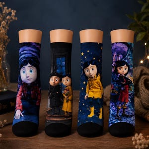 May include: Four pairs of crew socks featuring characters from the animated film. Each sock has a black toe and cuff, with a different character design on a blue background. The characters are depicted in various scenes from the movie.